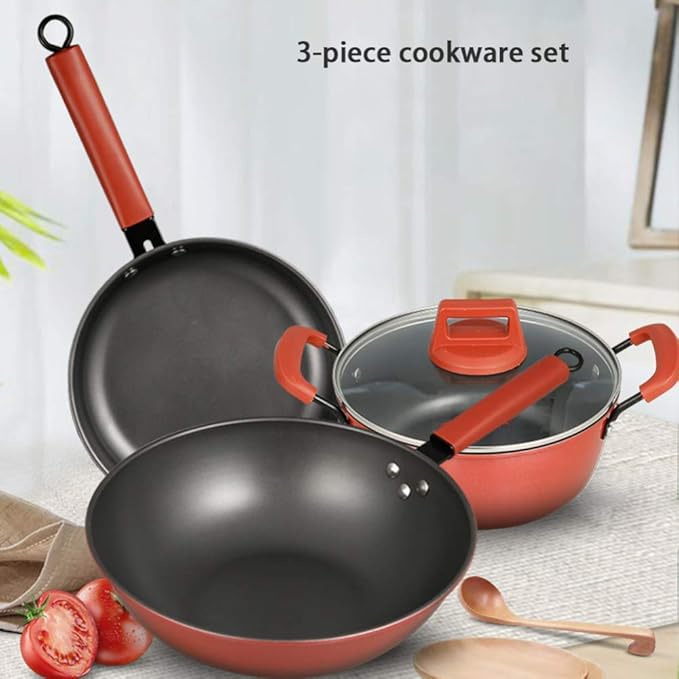 3-Piece Cookware Set Non-Stick Pan Induction Cookware Comfortable Handle Suitable for Gas Induction Cooker Easy to Clean (23Cm 23Cm 32Cm) Wok