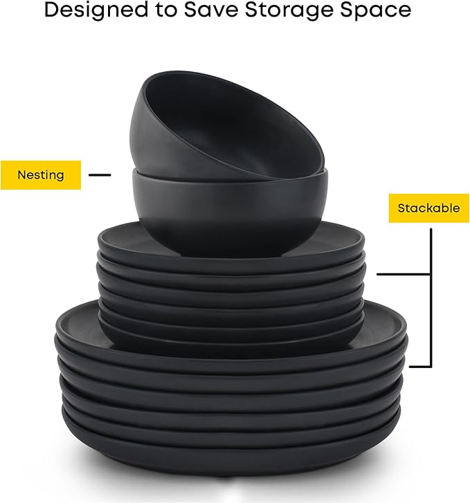 JoyJolt Mesa Stoneware Dinnerware Set 18-Piece Plates and Bowls Sets Includes Dinner Plates Salad Plates and Cereal and Soup Bowls Modern Farmhouse Matte Black Dish Set for 6