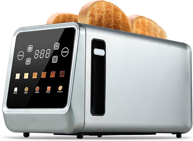 Long Slot Toaster 4 Slice Touch Screen LED Display 1.5” Extra Wide Slots for Thick Bread &amp Bagels Countdown Timer Memory Function Dual Independent Control 6 Shade Settings Stainless Steel