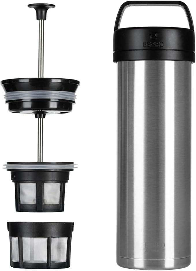 ESPRO P0 Ultralight French Press Coffee Maker for Travel Vacuum Insulated Stainless Steel 16 Ounces Brushed Stainless Steel