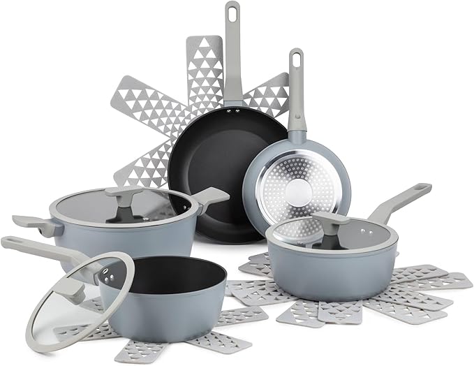 Non-Stick Cookware Set Heavy-Gauge Aluminum Pots and Pans with Fry Pans Saucepans Stock Pot &amp Cookware Protectors – Cool Grey Kitchen 12-Piece Set