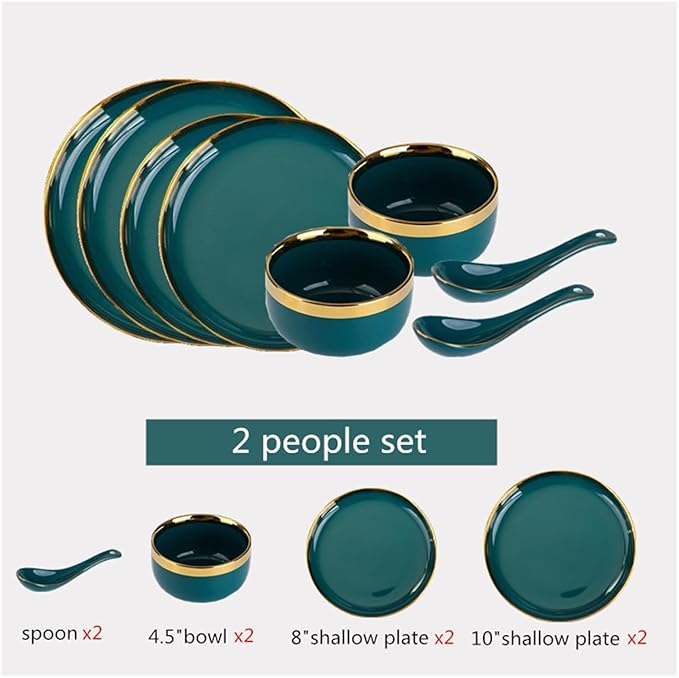 Dinner Sets Green Ceramic Plate Steak Food Plates Bowls Dinner Dish Porcelain Dinnerware Set For Family Hotel2 People Set(8pcs)