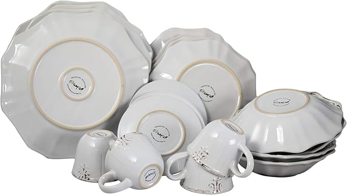 Beveled Edge 20 Piece Dinnerware Set In White Textured Casual Round Stoneware Microwave Safe
