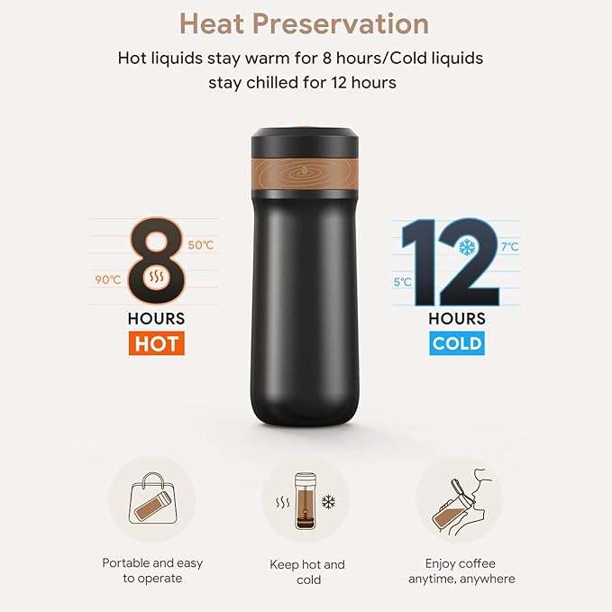 French Press Coffee Maker Stainless steel Portable Coffee Pot for Travel Camping and Everyday use Insulated 14.5 oz (Matte Meteorite Black)