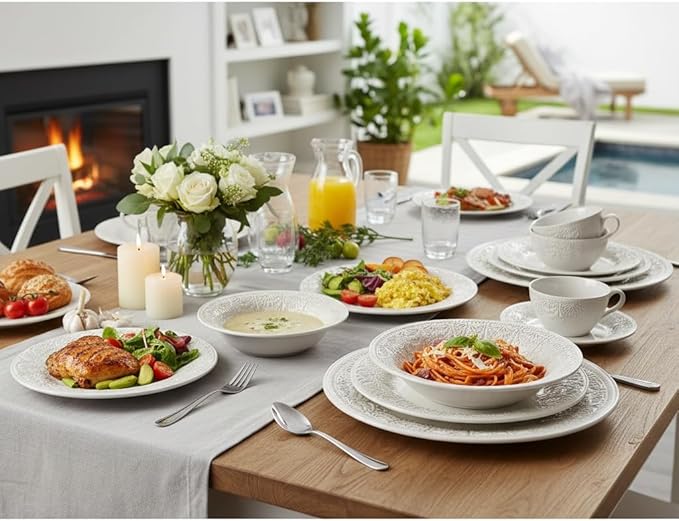 12-Piece Linen Lace Ceramic Dinnerware Set Microwave &amp Dishwasher Safe Rustic Elegance Design 4-Person Set for Daily Family Meals &amp Formal Entertaining