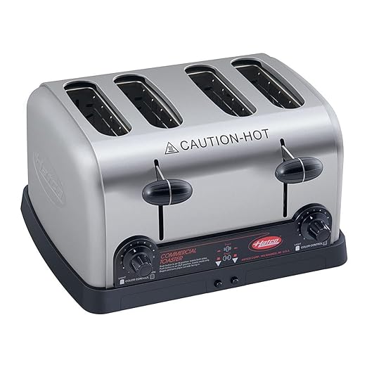 Hatco 4-Slot Pop-Up Toaster | Electric Bread Bagel Warmer with Removable Crumb Tray | 1-1/4 Wide Self-Centering Compartments | 220 Slices/Hour | 13.63W x 8.13H x 12.38D | Stainless | 2600W 208V