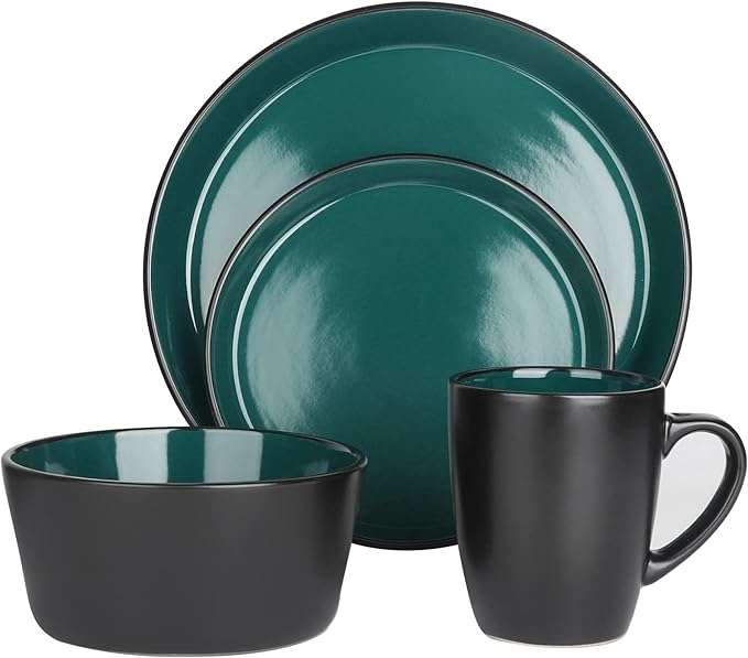 Plates and Bowls Sets 16 Pieces Dinnerware Sets Dishes Set for 4 Christmas Kitchen Set is Home Essentials Dark Green &amp Black