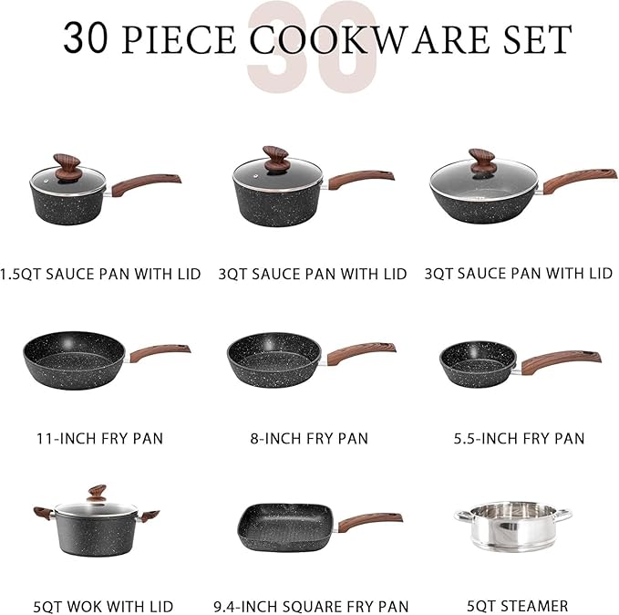30-Piece Black Granite Induction Cookware and Bakeware Set - Non-Stick Pots and Pans for Effortless Cooking