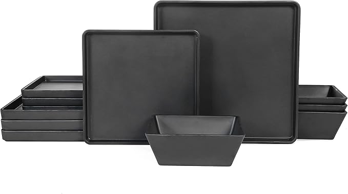 Melamine Dinnerware Sets - 12pcs Square Plates and Bowls Set Dishes Set Black