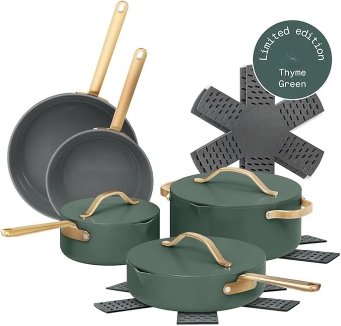 12-Piece Ceramic Nonstick Cookware Set Pots and Pans with Strainer Lids (Thyme Green)