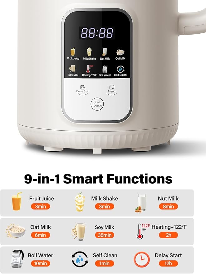 GDOR 35oz Nut Milk Maker 9-in-1 Plant Milk Machine for Homemade Almond/Oat/Soy Juice &amp Smoothie Blender with 12 Stainless Steel Blades Keep Warm 12H Delay Boil Water and Self-Cleaning