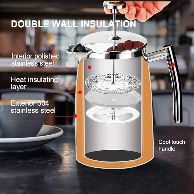 Secura French Press Coffee Maker 50-Ounce 304 Stainless Steel Insulated Coffee Press with Extra Screen