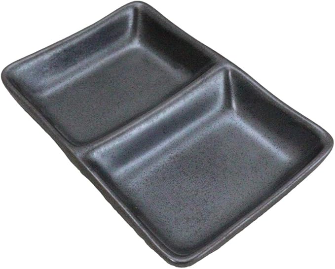 Ebros Gift Iron Black Clay Underglaze Technique Tetsu Kesho Porcelain Dinnerware Kitchen Set Asian Japanese Restaurant Supply (Pack Of 6 Dual Compartment Rectangle Sauce Dishes)