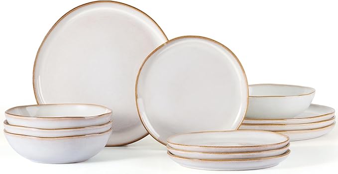 Vesteel Dinnerware Set for 4 12 Pieces Premium Stoneware Plates and Bowls Set Handmade Reactive Glaze Dishes for Home Chip &amp Scratch Resistant Microwave and Dishwasher Safe - Pearl White