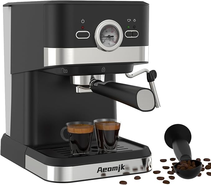Aeomjk Electric Coffee Machine with Milk Frothing System 20Bar Mini Coffee Maker with Portafilter and Visual Single and Double Serve 1.6Qt Water Tank for Latte Espresso Cappuccino