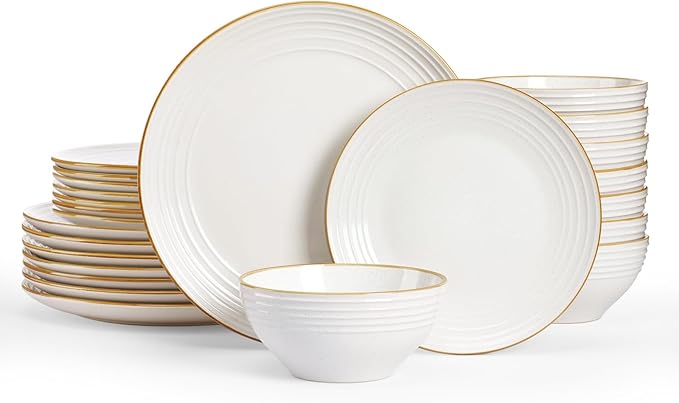 Famiware Jupiter Stoneware Dinnerware Sets Handcrafted Plates and Bowls with Embossed Swirl &amp Speckles White - Chip &amp Scratch Resistant Dishwasher Microwave Safe Minimalist Dishes for 8 (24