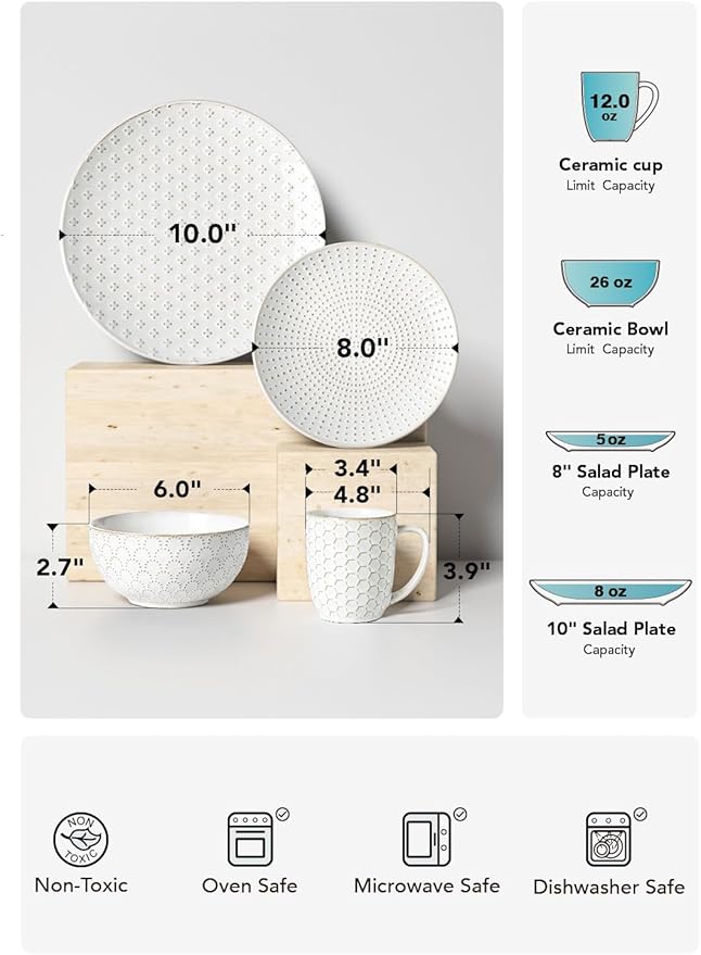 LE TAUCI 16 Piece Dinnerware Set Arctic White Stoneware Plates and Bowls With Mugs Ideal for 4 Serve for 4 Stackable Lead and Cadmium Free