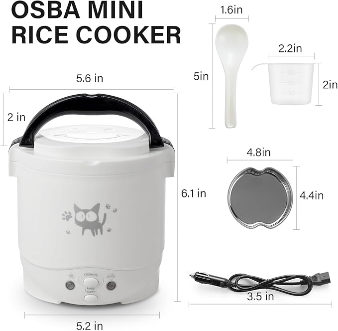 OSBA Mini Rice Cooker 1L Small Rice Cooker 2 Cup-uncooked Travel Rice Maker 12V for Car with Steamer Auto Keep Warm Suitable For 1-2 People White