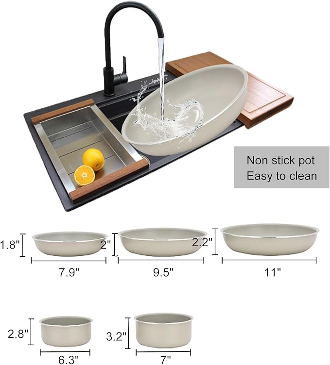 Non Stick Pots and Pans Set 6 Pieces Kitchen Cookware Sets Frying Pans and Saucepan Sets with Detachable Handles Stackable Cookware Set Suitable for All Stove Hobs
