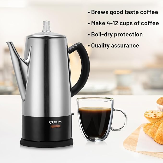 Classic 12 Cup Percolator PC-9822 Stainless Steel with keep warmcordless service (Mirror Polished)