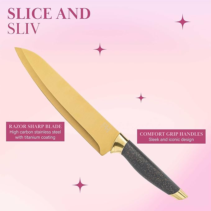 Paris Hilton Reversible Bamboo Cutting Board and Cutlery Set with Matching High Carbon Stainless Steel Knives Blade Guards Sleek Yet Comfortable Handle Grips 7-Piece Set Gold Charcoal Gray