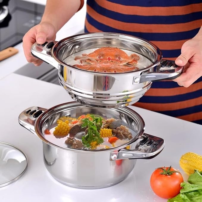 16-Piece Nonstick Cookware Set Stainless Steel Pots &amp Pans with Glass Lids Induction Compatible Frying Pans Saucepans Casseroles Steaming Insert