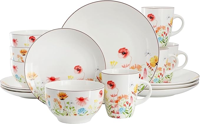 Wildflower Meadow 16 Piece Stoneware Dinnerware Set – White Dinner Plates with Floral Design Bowls and Mugs – Microwave &amp Dishwasher Safe