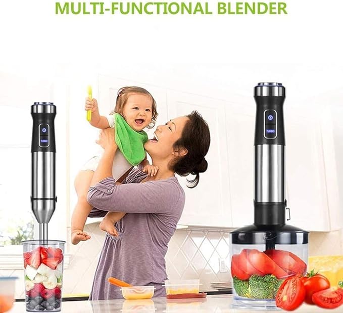 1100 Watt Multi-Speed Immersion Hand Blender 4-in-1 Multi-Purpose Handheld Blenderwith 500ml Food Grinder 800ml Container Egg Whisk Smoothies Sauces and Soups - Multi-Purpose