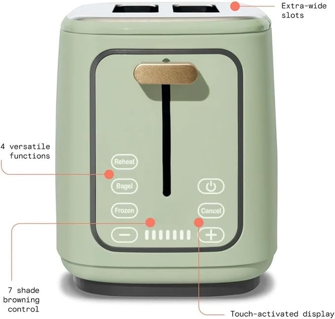 2 Slice Toaster Touch-Activated Display Extra Wide Slots Bagel Function Stainless Steel Kitchen