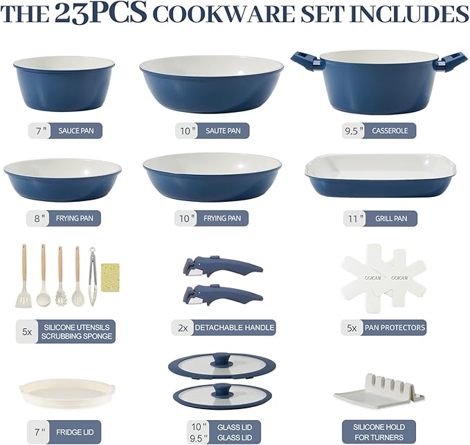 23Pcs Ceramic Cookware Set Non Stick Pots and Pans Set Non Toxic with Detachable Handle Induction Kitchen Cookware Set Space Saving Oven &amp Dishwasher Safe Navy Blue