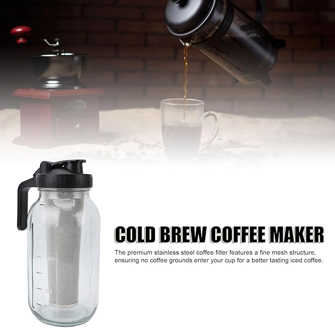 Cold Brew Coffee Maker Pitcher Stainless Steel Filter Thick Glass Iced Coffee Maker with Spout Lid and Handle 2000ml Capacity for Home Brewing and Pouring