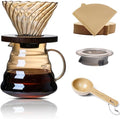 Pour Over Coffee Maker Set 20 oz 600 ml Borosilicate Glass Coffee Server with Glass Lid 50 pcs Paper Filter Walnut Handle Pour Over Coffee Dripper for Home Café Restaurant Gold