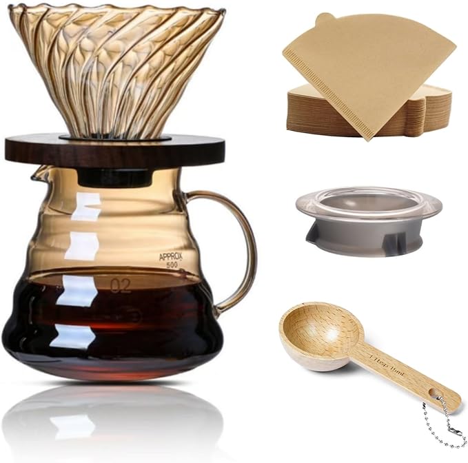 Pour Over Coffee Maker Set 20 oz 600 ml Borosilicate Glass Coffee Server with Glass Lid 50 pcs Paper Filter Walnut Handle Pour Over Coffee Dripper for Home Café Restaurant Gold