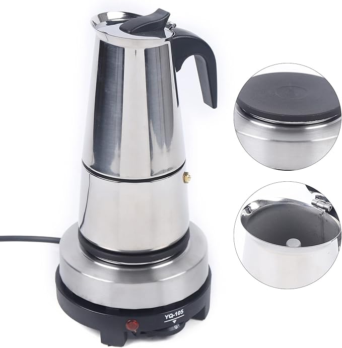 Commercial Stainless Steel Espresso Maker Coffee Urn with Electric Stove 6 Cups Stainless Steel Mocha Coffee Maker Pot Percolator Hot Beverage Dispenser for Party Home Wedding Cafe (6Cups 300ml)