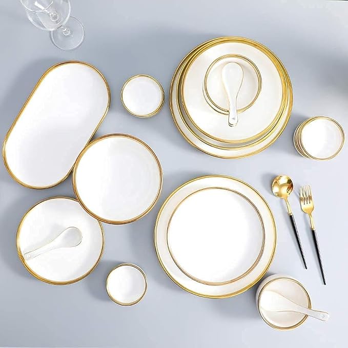 Dinnerware Sets - Luxury Gift Dishes Service Set Dinnerware Sets Service for 2/4/6 Kitchen Plates and Bowls Sets White Luxury Bone China Tableware Nordic Gold Porcelain Dish Set(26Pcs)