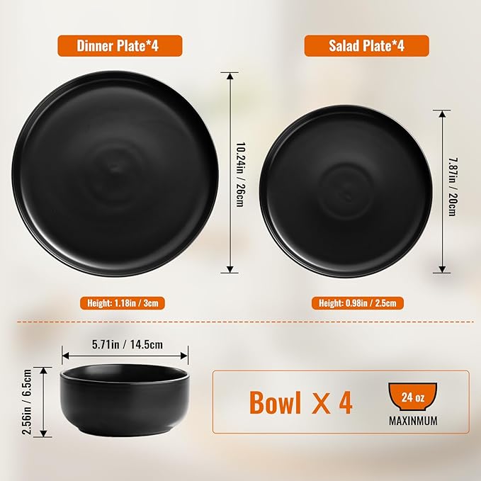 EWFEN Plates and Bowls Sets 12 Pieces Ceramic Dinnerware Set for 4 Stoneware Dishware Dishes Set Scratch Resistant Dishes Set Dishwasher &amp Microwave Safe Black