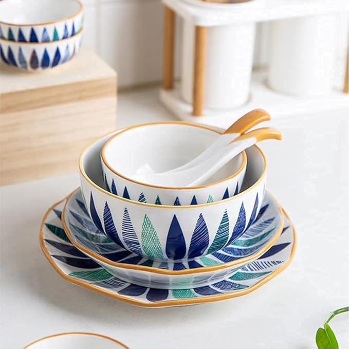 18 Pcs Dinnerware Sets Hand Painted Leaf Pattern Porcelain Tableware Set With Plates And Bowls Ceramic Dinner Set For Home Kitchen