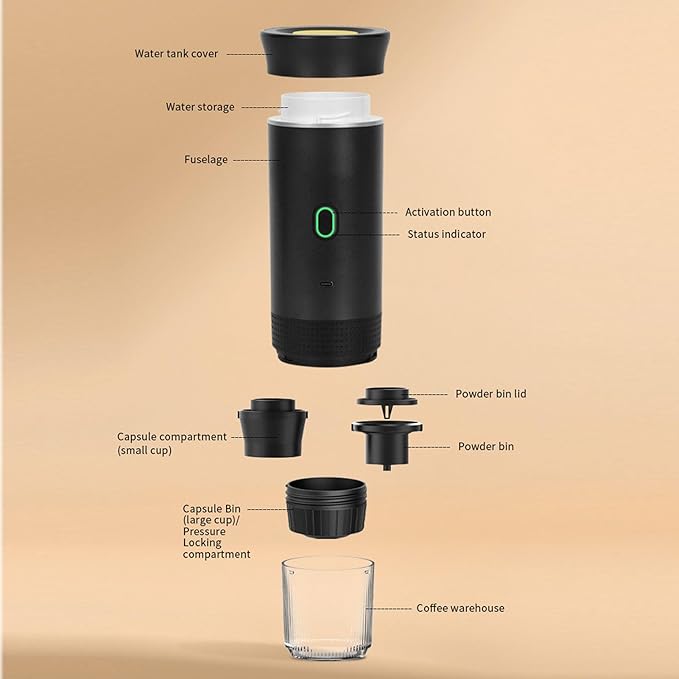 Luqeeg 72W 120ML Cup Portable Coffee Maker Full Automatic Machine Outdoor Ground Coffee Maker with USB C Charging &amp 20 Bar Pressure for Camping RV Hiking Office Travel (Black)