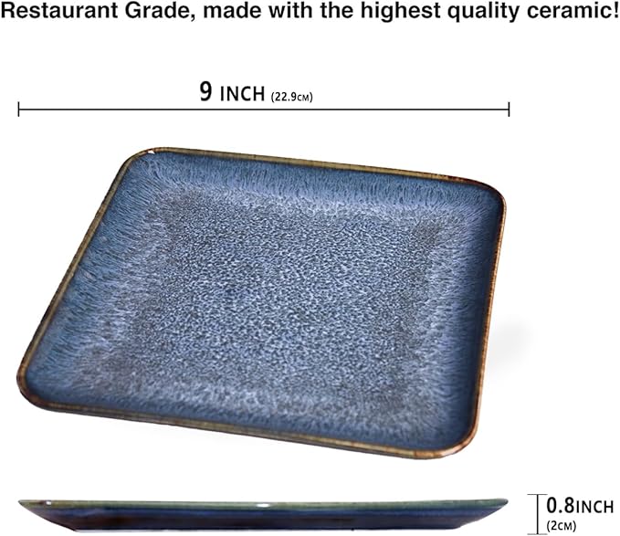 4-piece ceramic dinner plate set suitable for steak pasta and pizza microwave- and dishwasher-safe scratch-resistant blue 9-inch square dinner plate