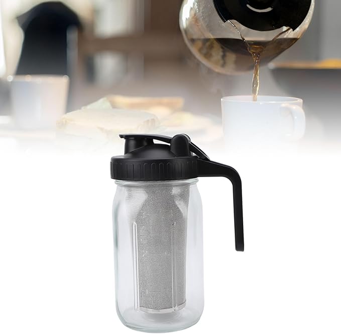 Cold Brew Coffee Maker Pitcher with Stainless Steel Filter Thick Glass Iced Coffee Maker Pitcher Jar with Spout Lid and Handle for Working from Home Brewing and Pouring (1000ml)