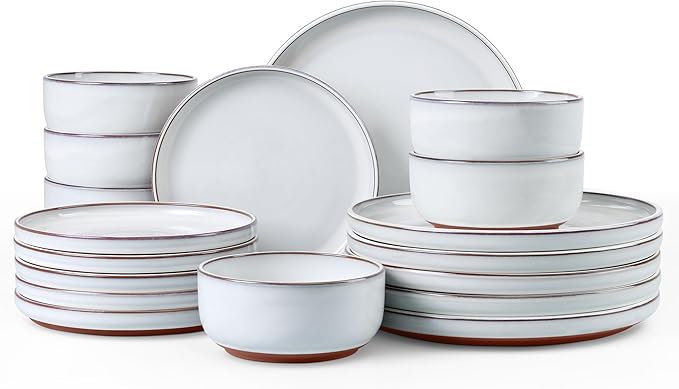 E-far Stoneware Dinnerware Sets for 6 18 Pieces Reactive Glaze Plates and Bowls Sets Elegant Dishes with Rustic Terracotta Clay Base Dishwasher &amp Microwave Safe Scratch Resistant Glacier Whit