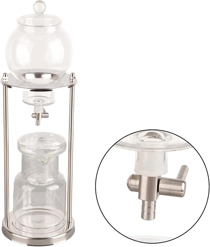 600ml Ice Cold Brew Dripper Coffee MakerCold Brew Drip TowerReusable Glass Cold Brew Maker Filtering Transparent Stainless Steel Stand DIY Ice Coffee Brew Tower