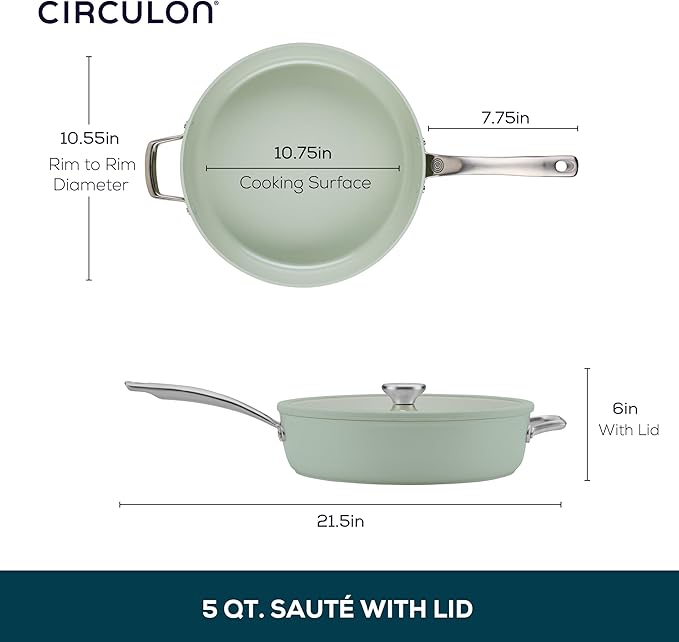 Circulon Halo with LaserDefense Ceramic Nonstick Saute Pan with Helper Handle and Lid Made without PFAS Compatible with All Stovetops Dishwasher and Oven Safe 5 Quart Multipurpose Pan - Sage