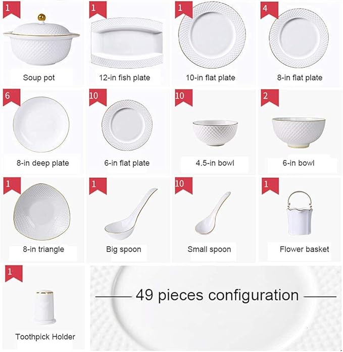 Ceramics Dinner Sets Ceramics Dinnerware SetBowl/Dish/Soup Pot/Spoon|Dinner SetsWhite Embossed Gold Rim Pattern Porcelain Combination Set49Pieces