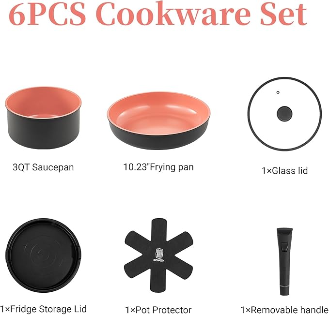 ROYDX Nonstick Pots and Pans Set Titanium Ceramics Cookware Set Pots and Pans with Removable Handles for RV Kitchen Oven &amp Dishwasher Safe Induction Compatible PFOA FreeSoft Peach