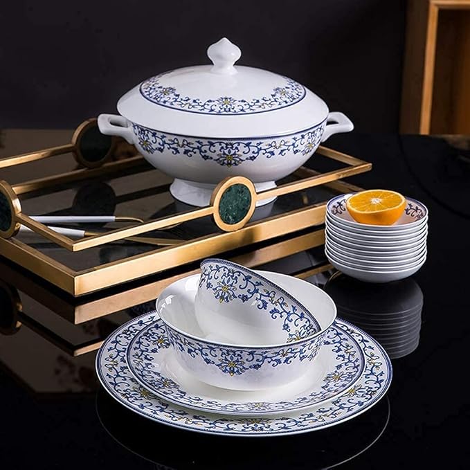 Ceramics Dinner Sets 58 Pieces Dinnerware Set Blue and White Porcelain Style Bowl/Spoon/Plate - Family Party and Kitchen Restaurant