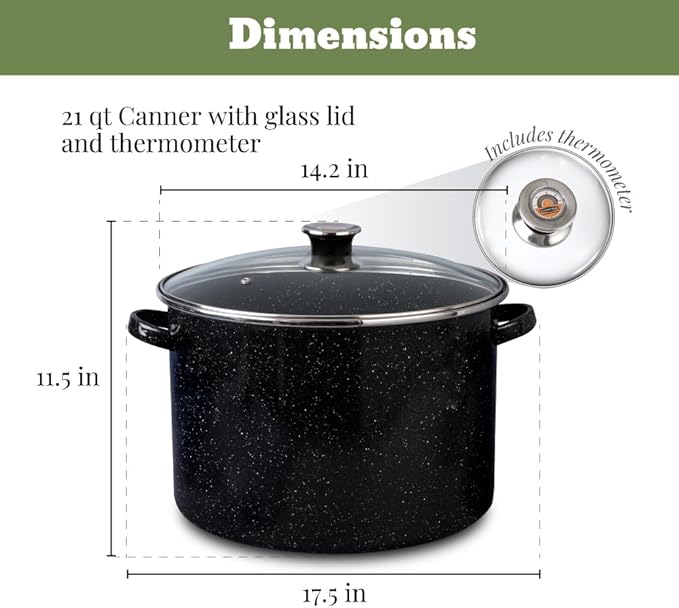 Granite Ware 21.5 Qt Heavy Gauge - 9 Piece water bath canning pot (Speckled Black) with canning toolset rack and preserving kettle.