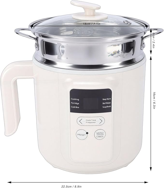 Pssopp 1.8L Electric Rice Cooker Multifunctional Rice Grain Porridge Soup Noodles Pot with Stainless Steel Steamer Tray for Kitchen Gadgets (US Plug 110V)