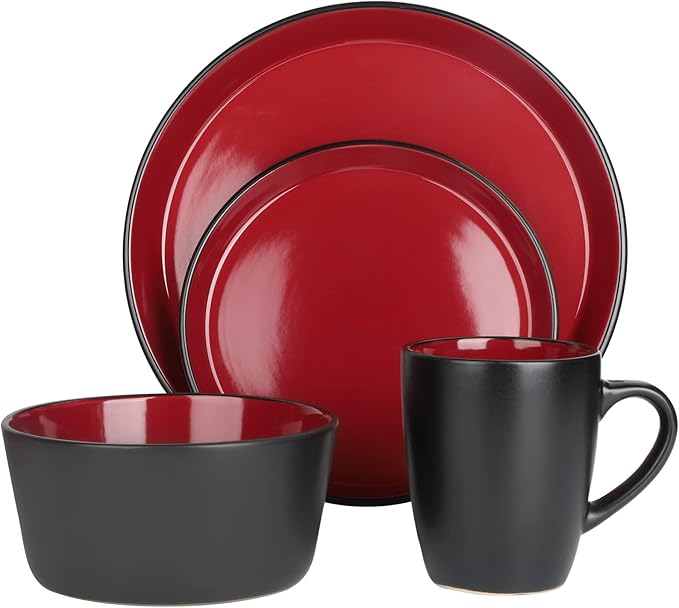 Plates and Bowls Sets 16 Pieces Dinnerware Sets Dishes Set for 4 Christmas Kitchen Set is Home Essentials Black &amp Red