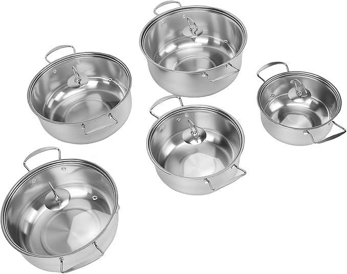 Diydeg Stainless Steel Cookware Set 5pcs Pots and Pans with Glass Lids and Dual Handles Even Heat Distribution Rustproof Steel Pan Set for Kitchen Cooking and Outdoor Dining